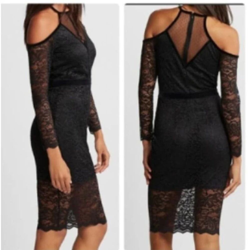 Express Sheath Dress 0 Women's Black Lace Cold Shoulder Long Sleeve Sexy